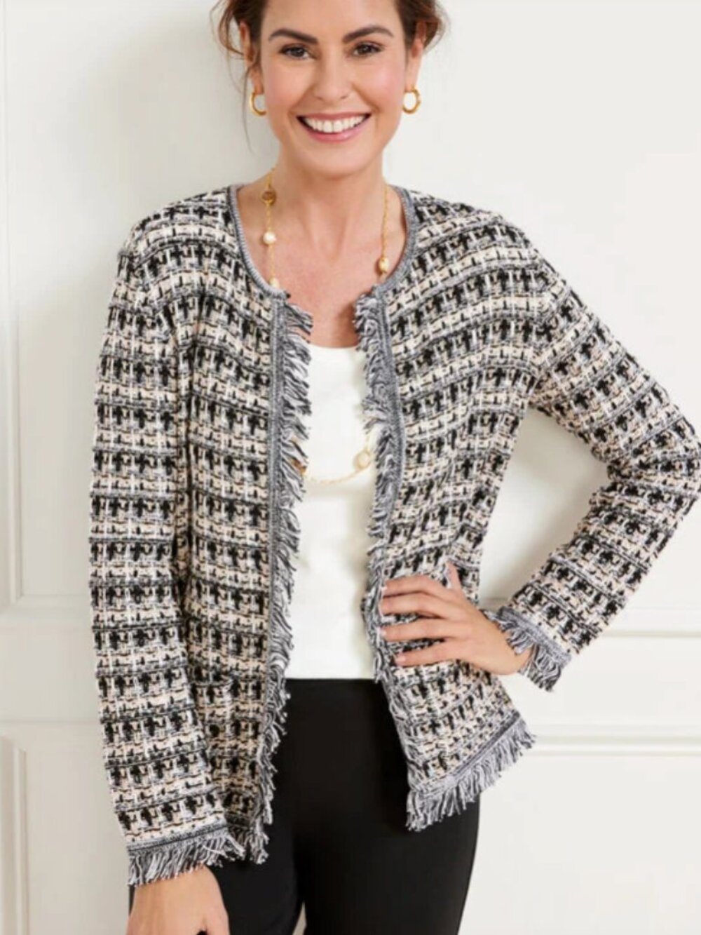 Talbots Open Front Cardigan Fringe Plaid Tweed Classic Preppy Old Money Sz M